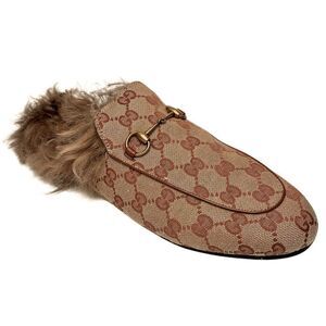 Gucci Princetown Monogram Beige GG Canvas Fur Lined Loafers Flat Slides Size 41